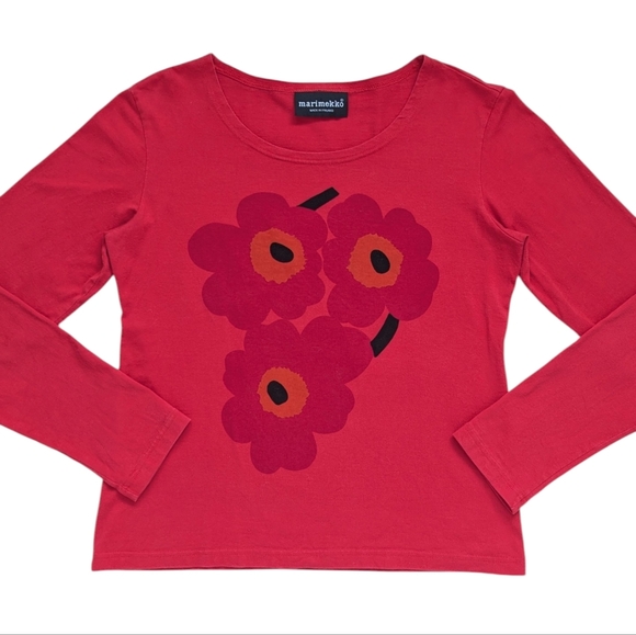 Marimekko Tops - Vintage Marimekko Graphic Floral Red Long Sleeve Tee